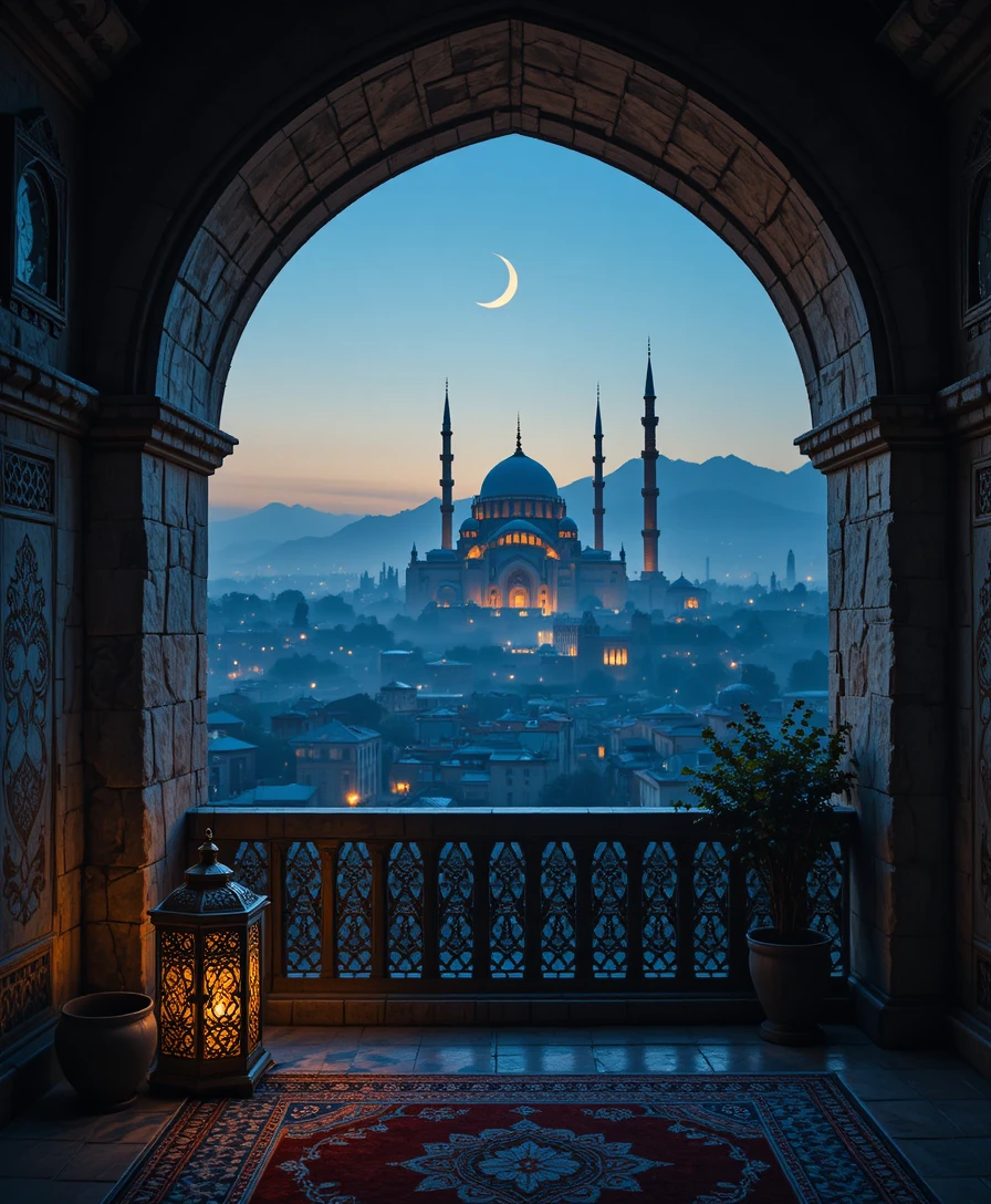 Islamic balcony view over glowing ancient city at dusk