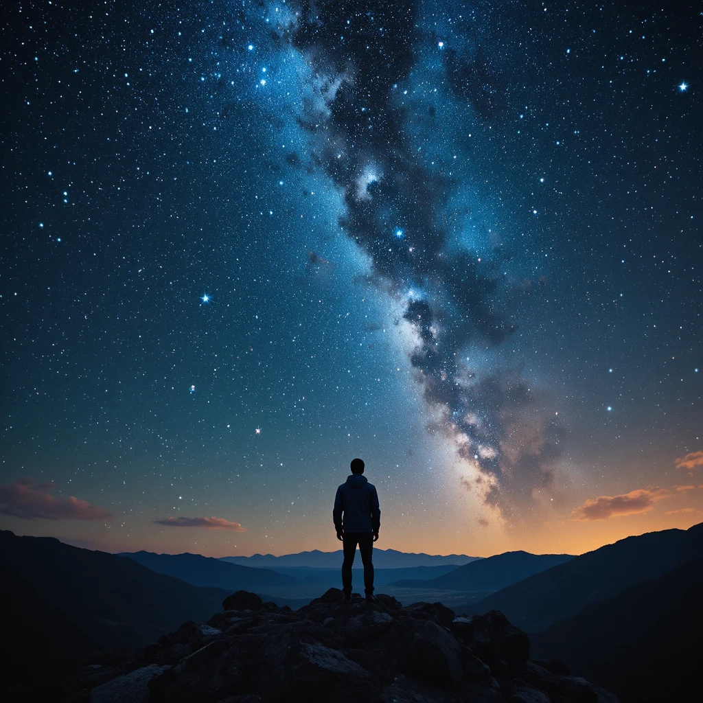 Homme regardant au loin un ciel spatial étoilé et coloré