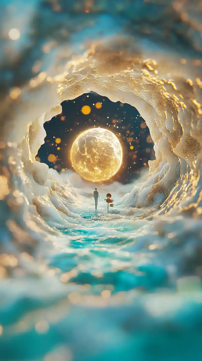 Surreal surfer riding a mystical moonlit wave with snail