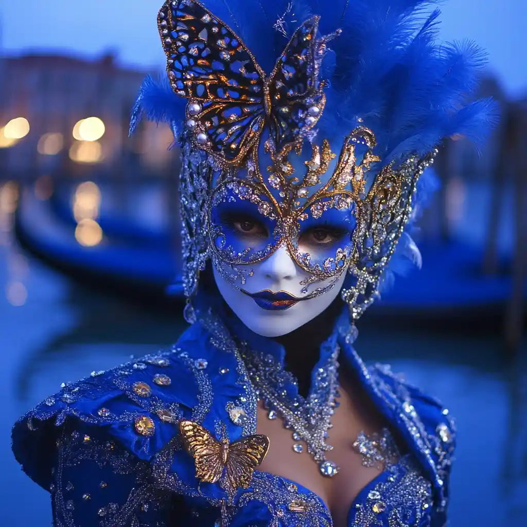 Venezianische Karnevalsdame mit kunstvoller Schmetterlingsmaske in der Dämmerung