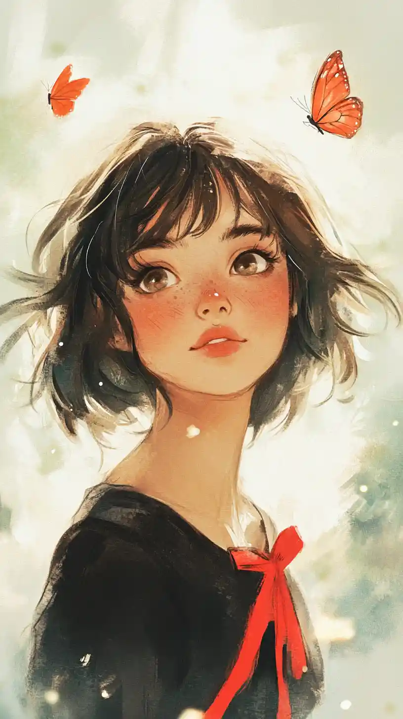 Watercolor girl portrait with red ribbon and butterflies