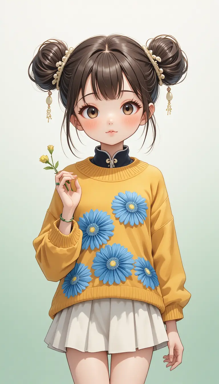 穿花卉毛衣、手捧綠色嫩芽的可愛動畫少女
