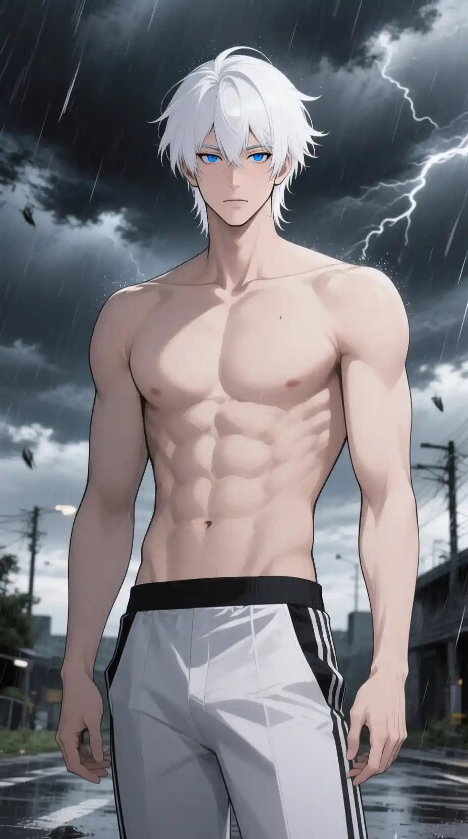 Homem de anime de cabelos brancos em cena externa tempestuosa