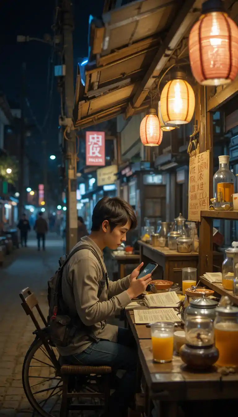 Young tea seller studying English at a night street stall