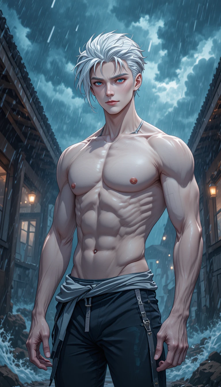 Homem de anime de cabelo branco em cena externa tempestuosa