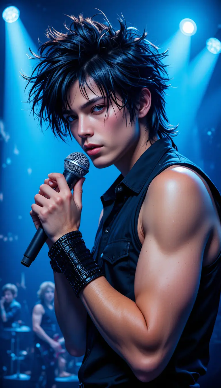 French rock singer speaking into microphone on blue stage