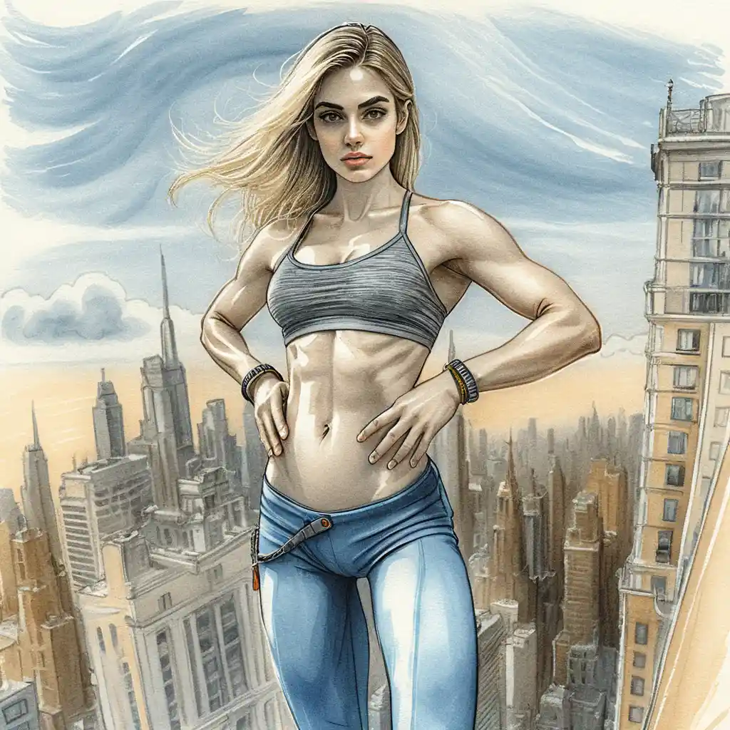 Héroïne blonde et musclée sur un toit urbain ensoleillé