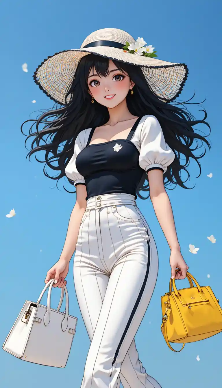 Ragazza manga elegante che cammina sotto un cielo azzurro brillante