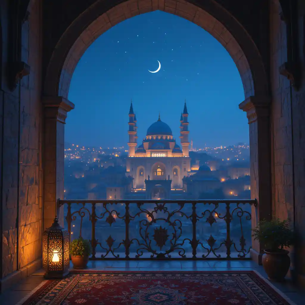 Vista da cidade ao crepúsculo de uma varanda islâmica ornamentada