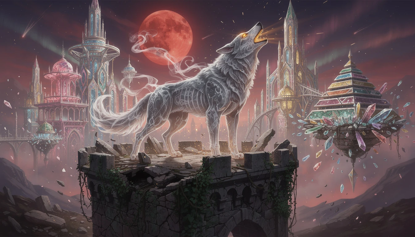 Lobo espectral esfumaçado em torre em ruínas sob lua eclipsada