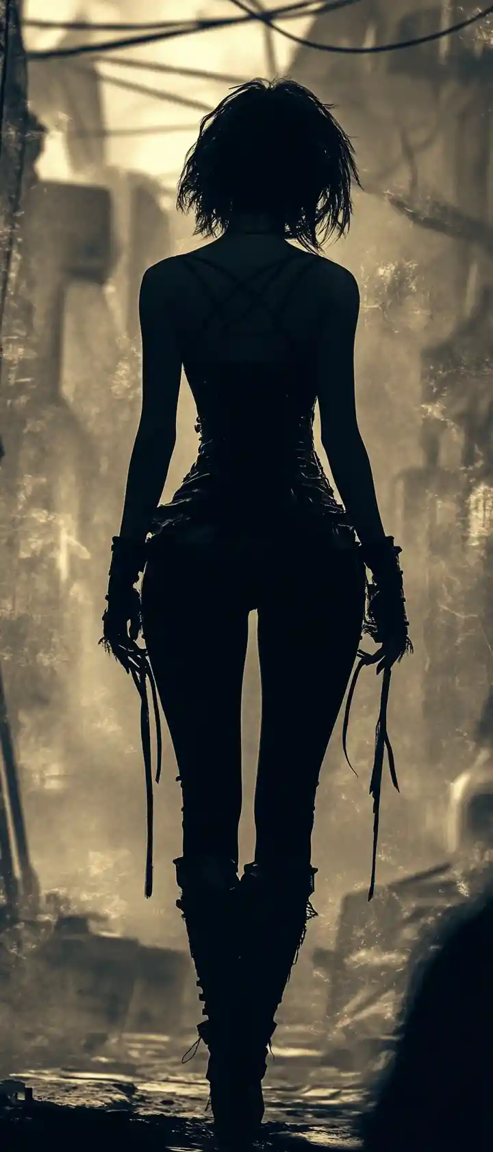Retro futuristic heroine in corset facing a desolate wasteland