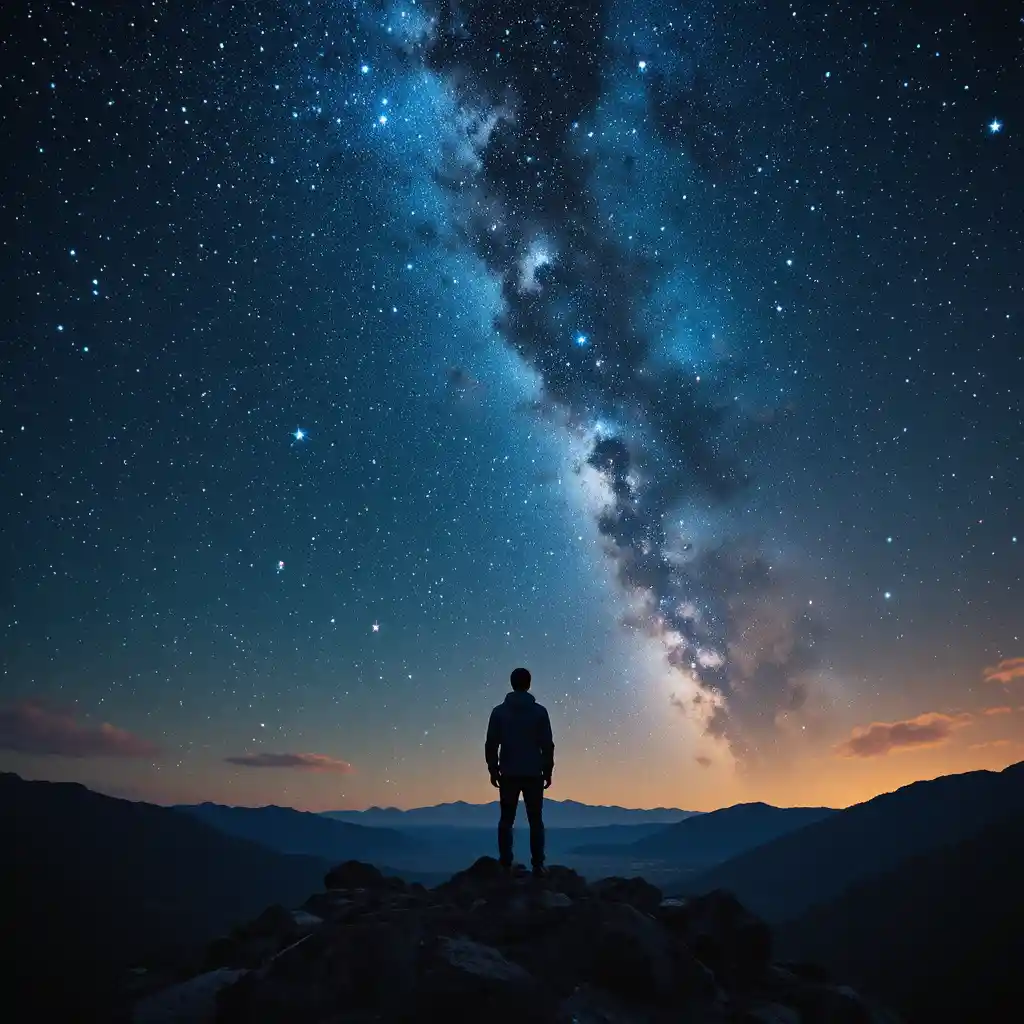 Man watching a colorful starry space sky from afar