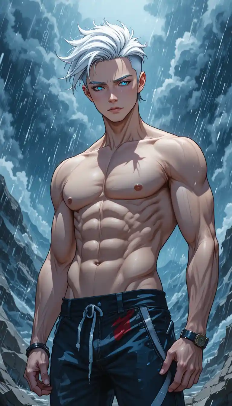 White haired anime man in stormy full body portrait