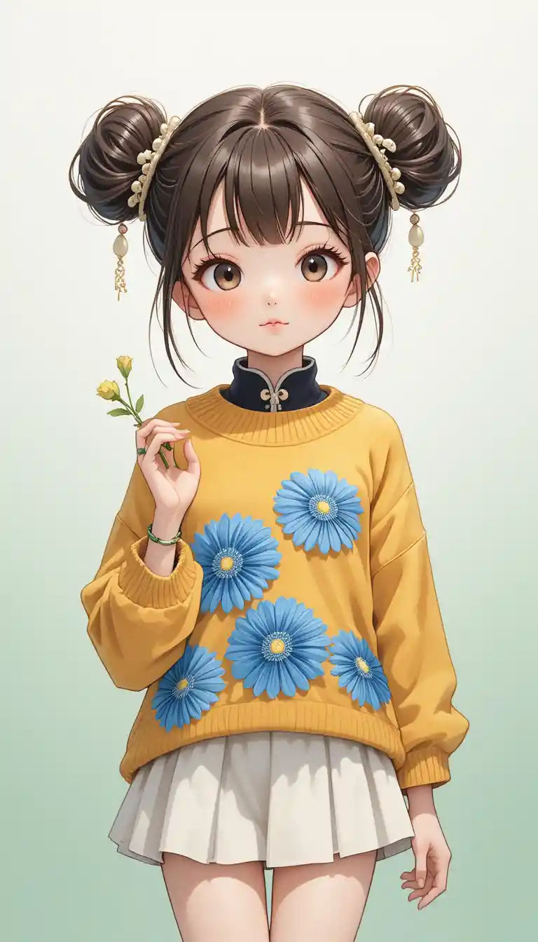 Cute anime girl in floral sweater holding green sprout