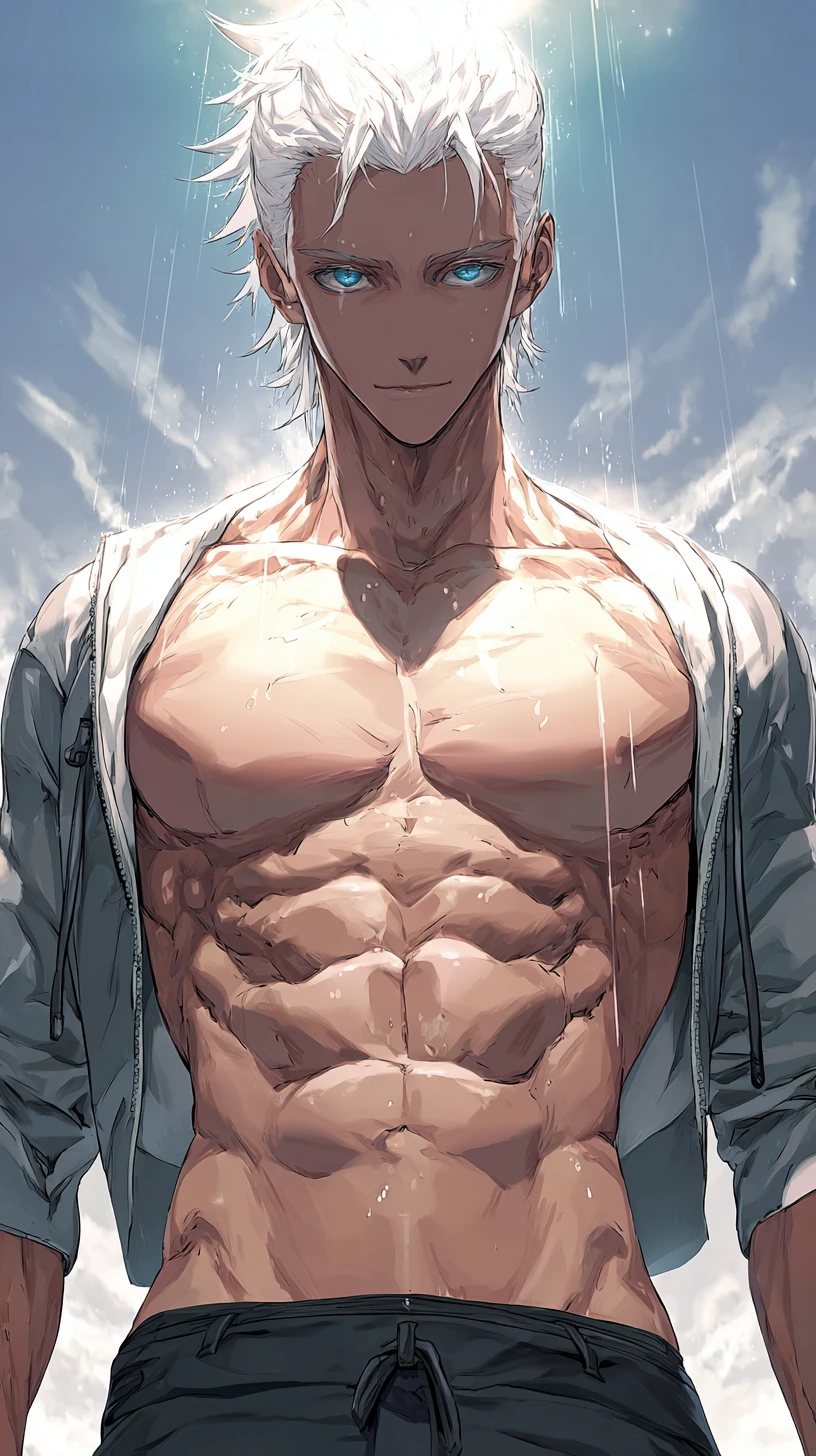 站在暴風中的白髮動漫男子