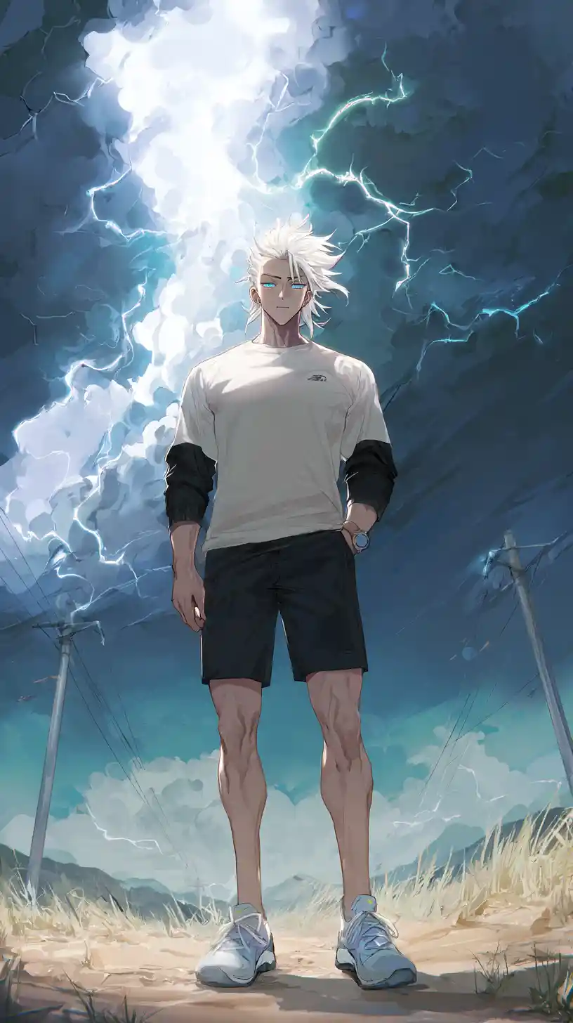 Homem de anime de cabelo branco em cena externa tempestuosa