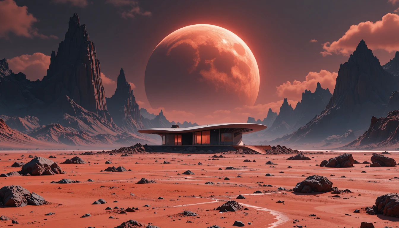 Maison de plage futuriste sous une planète géante et lointaine