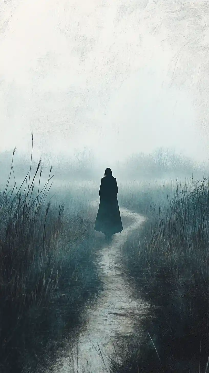 Femme marchant seule sur un sentier envahi par la végétation dans la brume