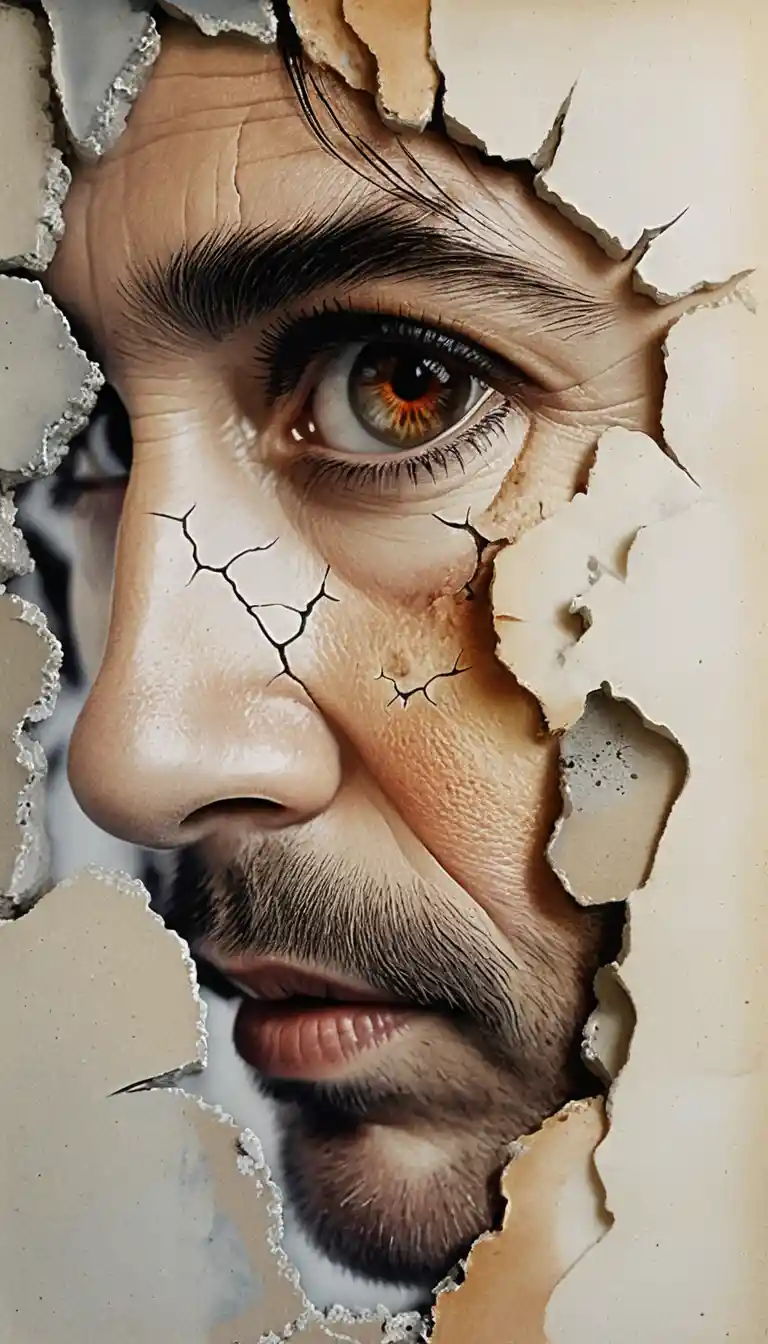 Estudio fragmentado de rostro de anciano con un solo ojo intenso