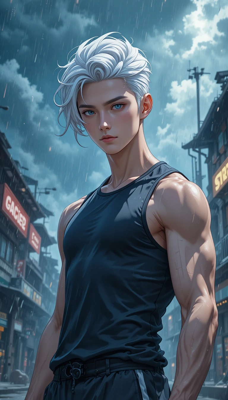 Homem de anime de cabelo branco em cena externa tempestuosa