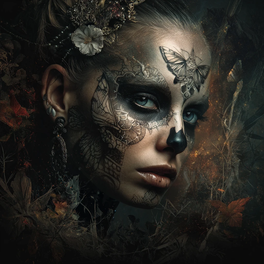 Gothic woman with skeletal makeup in dark fantasy forest