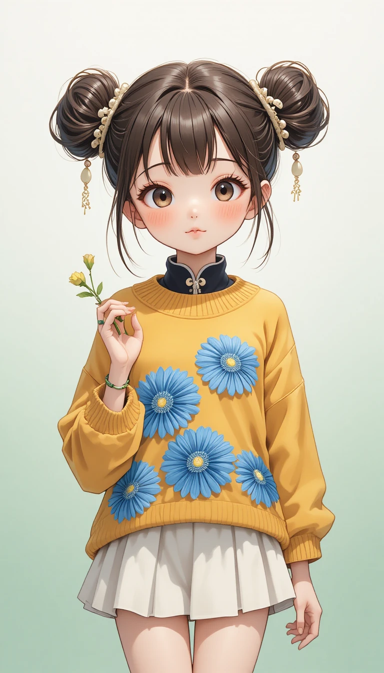 Cute anime girl in floral sweater holding green sprout