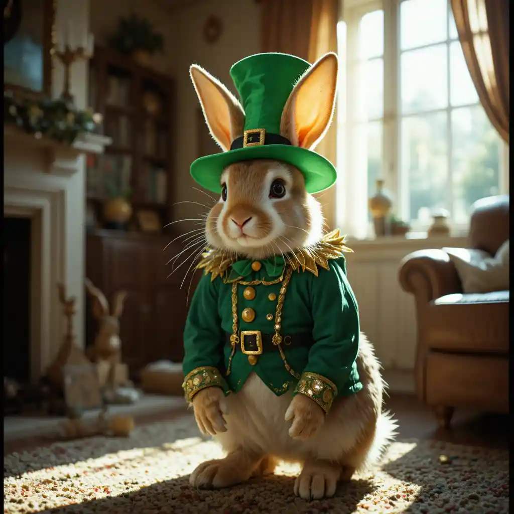 Coelho em fantasia de leprechaun em uma sala de estar iluminada