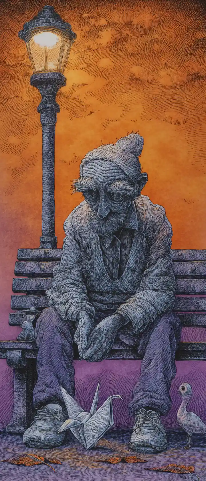 Elderly Man With Paper Crane On Park Bench At Dusk