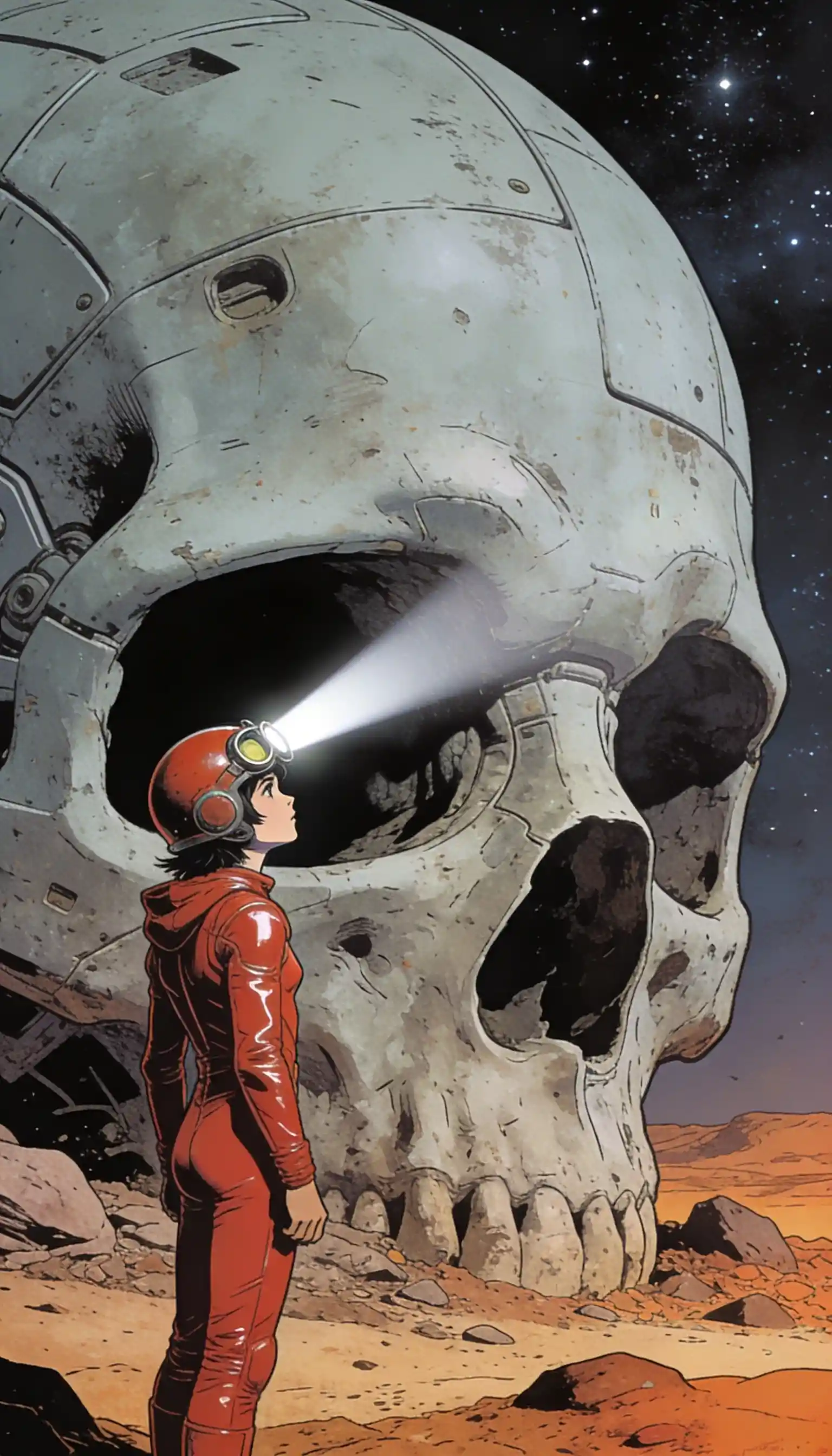 Explorer in red suit confronting colossal robotic skull