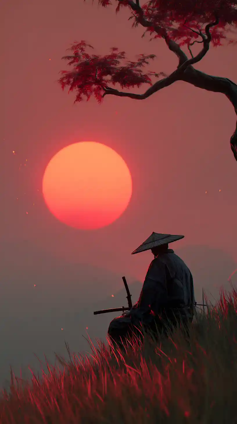 Samurai solitario in controluce su una tranquilla collina al tramonto