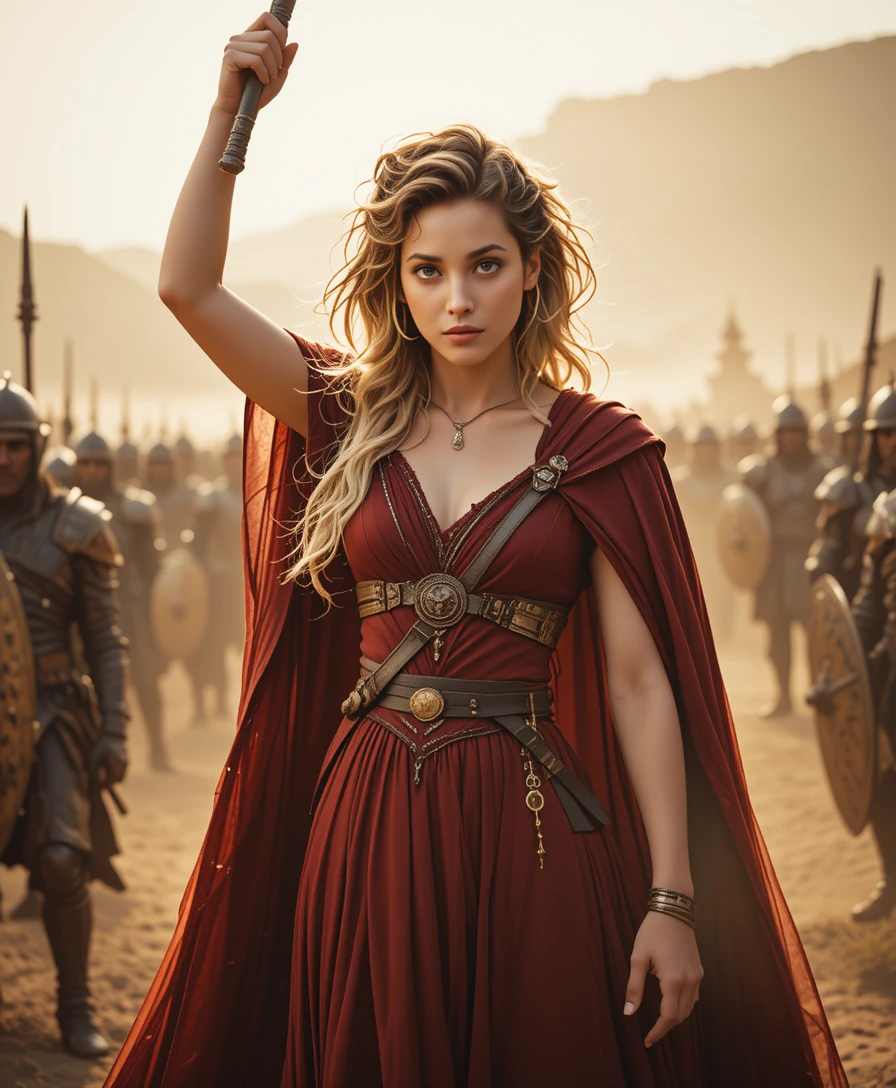 Regina fantasy che alza una spada d’oro su un campo di battaglia nel deserto