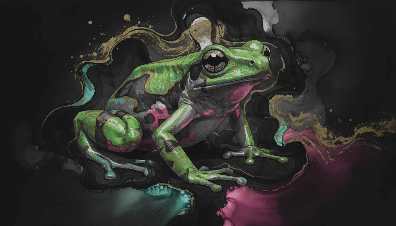 Grenouille dendrobate colorée dans une illusion abstraite d’encre noire