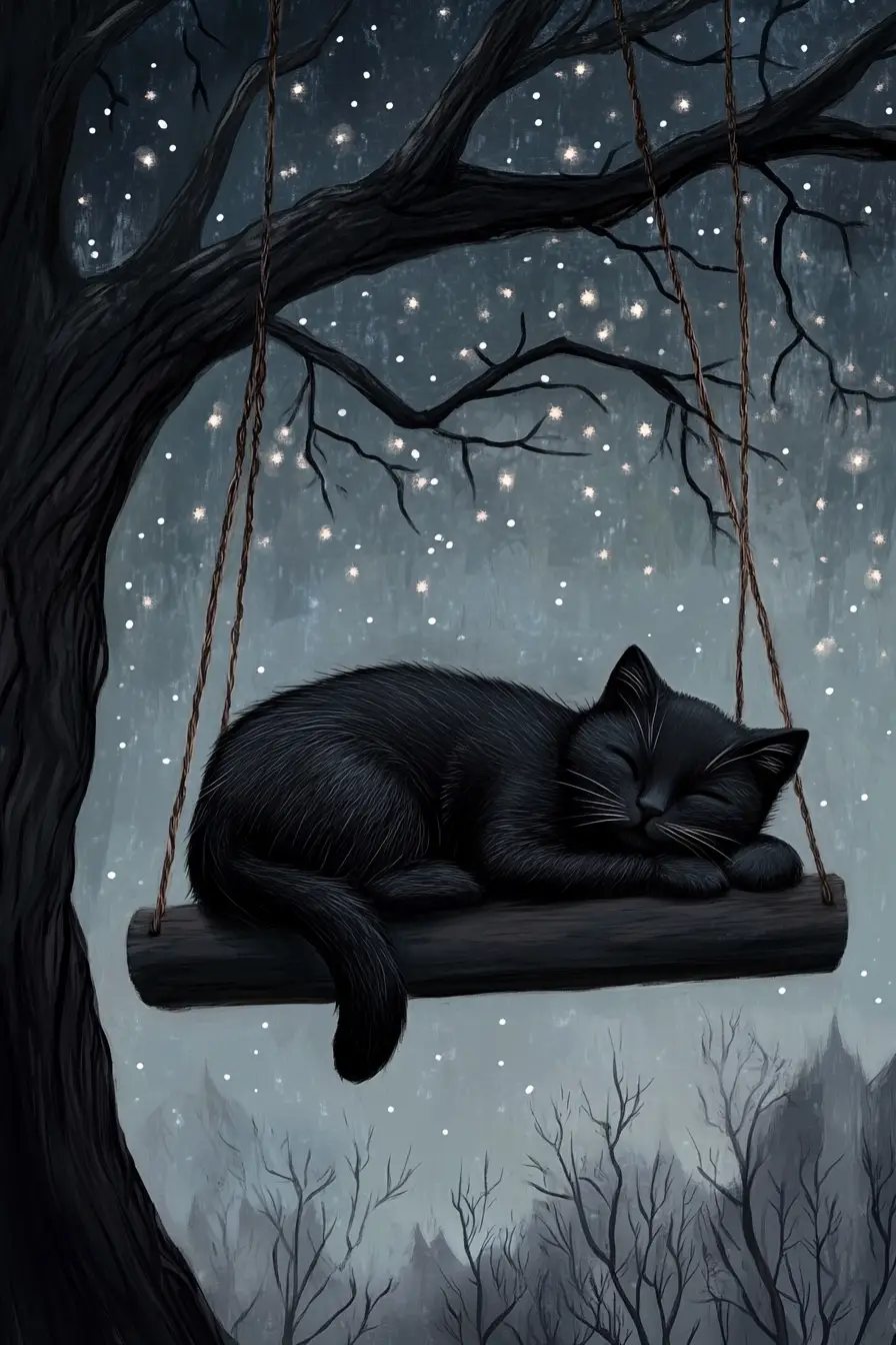 Gatto nero che riposa su un’altalena sotto un cielo notturno stellato