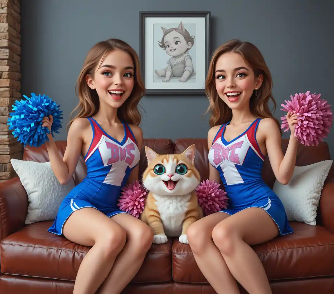 Dos jóvenes porristas sonriendo juntas en un sofá marrón