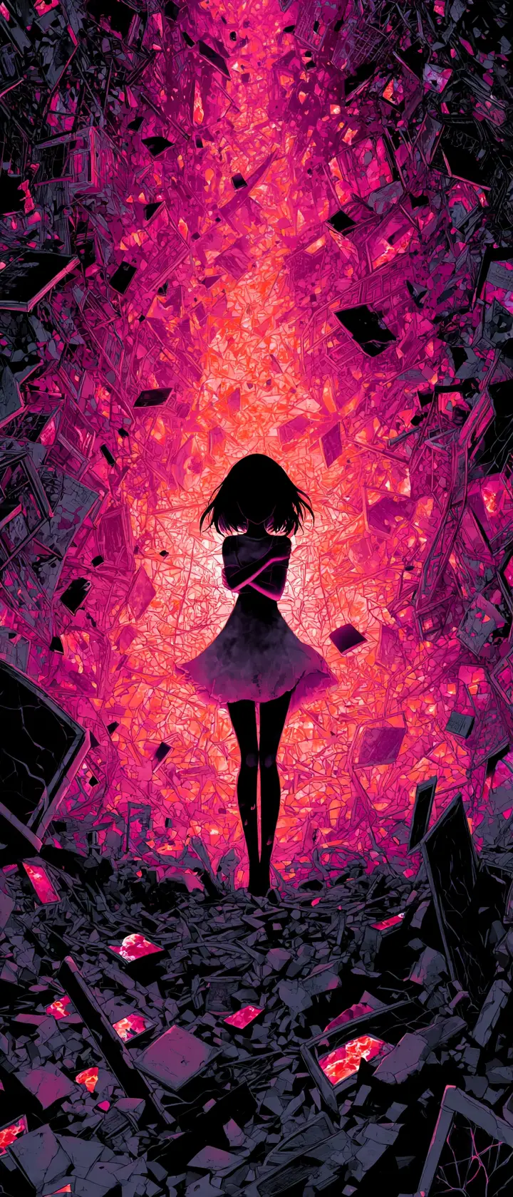 Ragazza anime che protegge un feto di vetro luminoso tra le rovine
