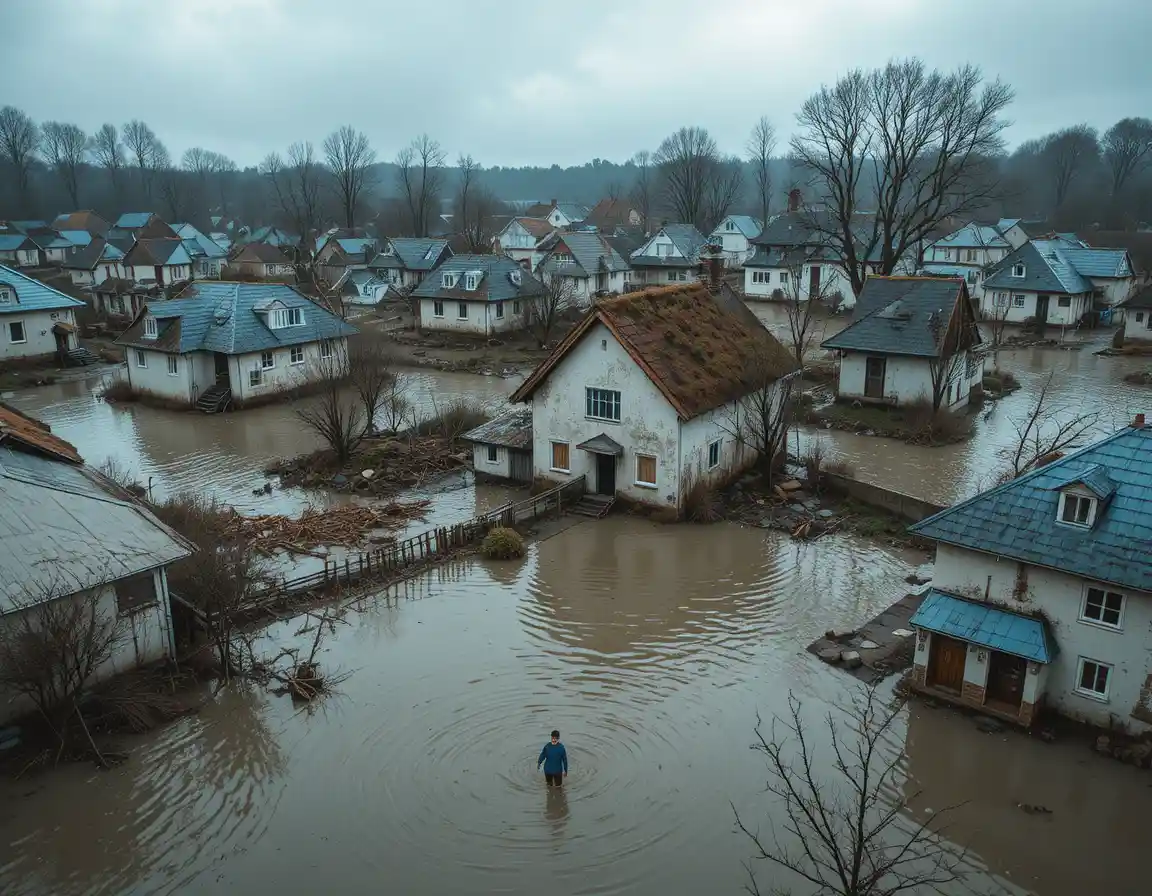 Vista aérea de un pueblo inundado con casas sumergidas