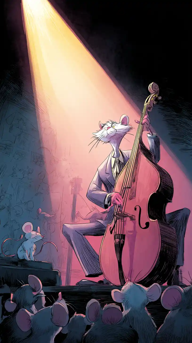 Anthropomorphic cat bassist performing on a dim stage