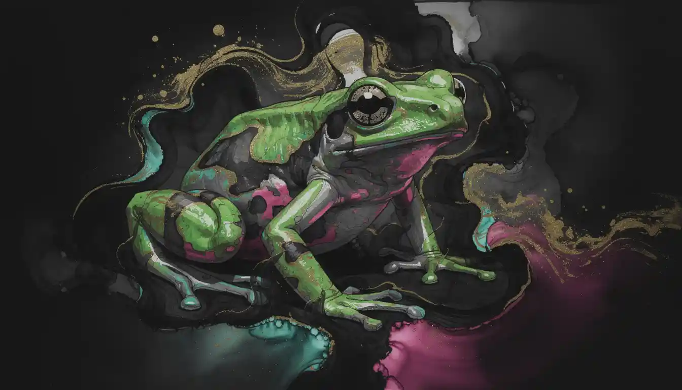 Grenouille dendrobate colorée dans une illusion abstraite d’encre noire