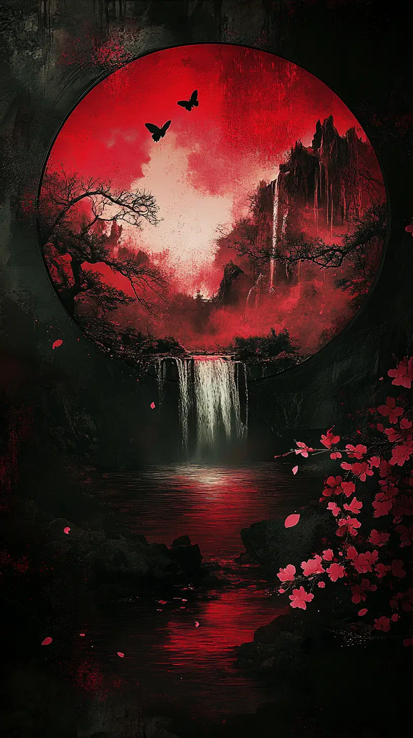 Dunkle Fantasy-Landschaft im kreisförmigen Tuschepinsel-Rahmen