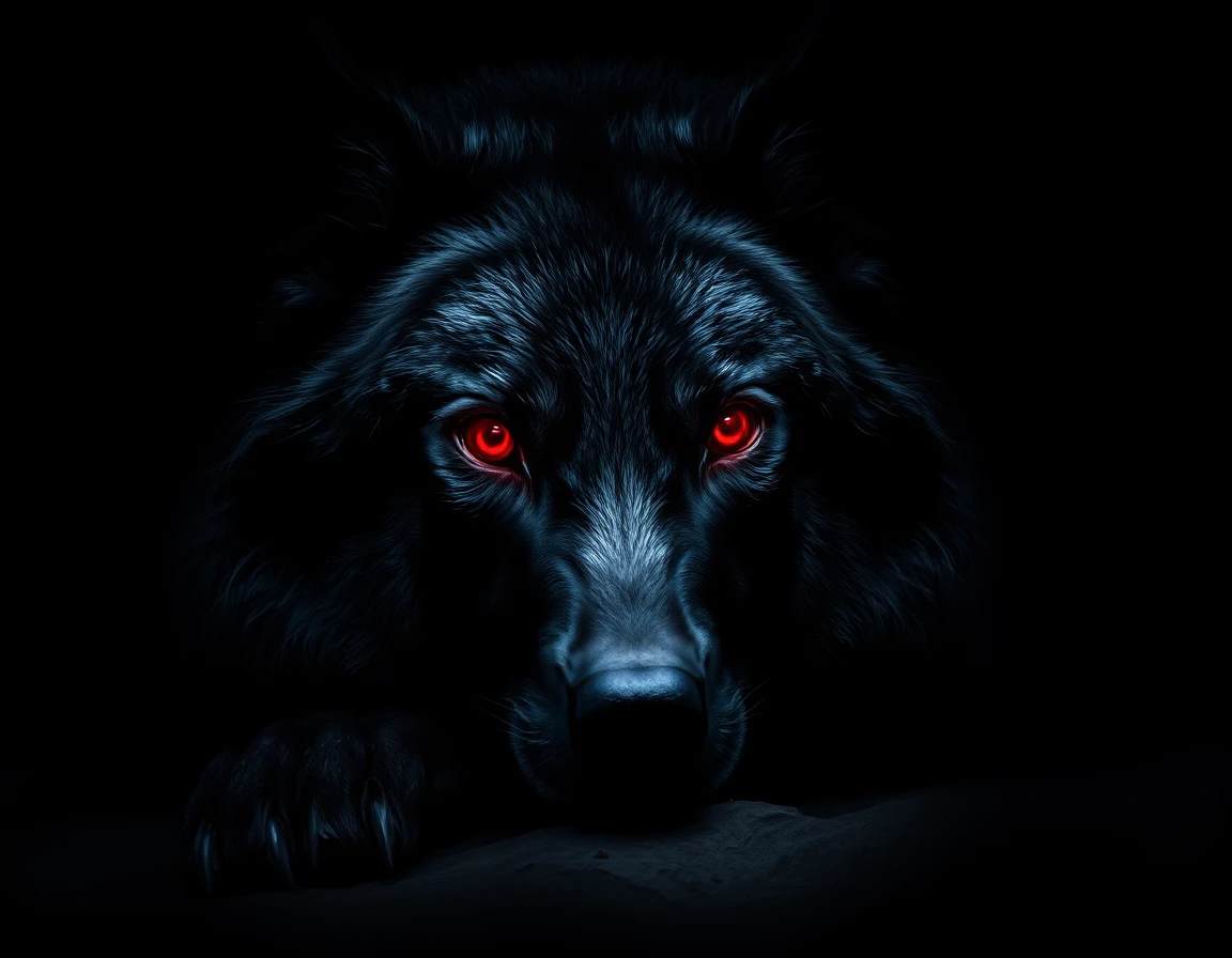 Black wolf with glowing red eyes in a dark cave
