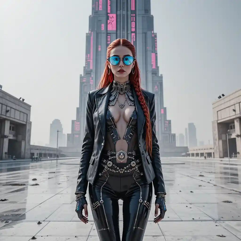 Femme cyber noir sur une place chromée au pied d’un gratte-ciel gigantesque
