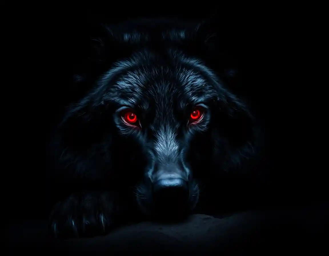 Lobo negro com olhos vermelhos brilhantes em uma caverna escura