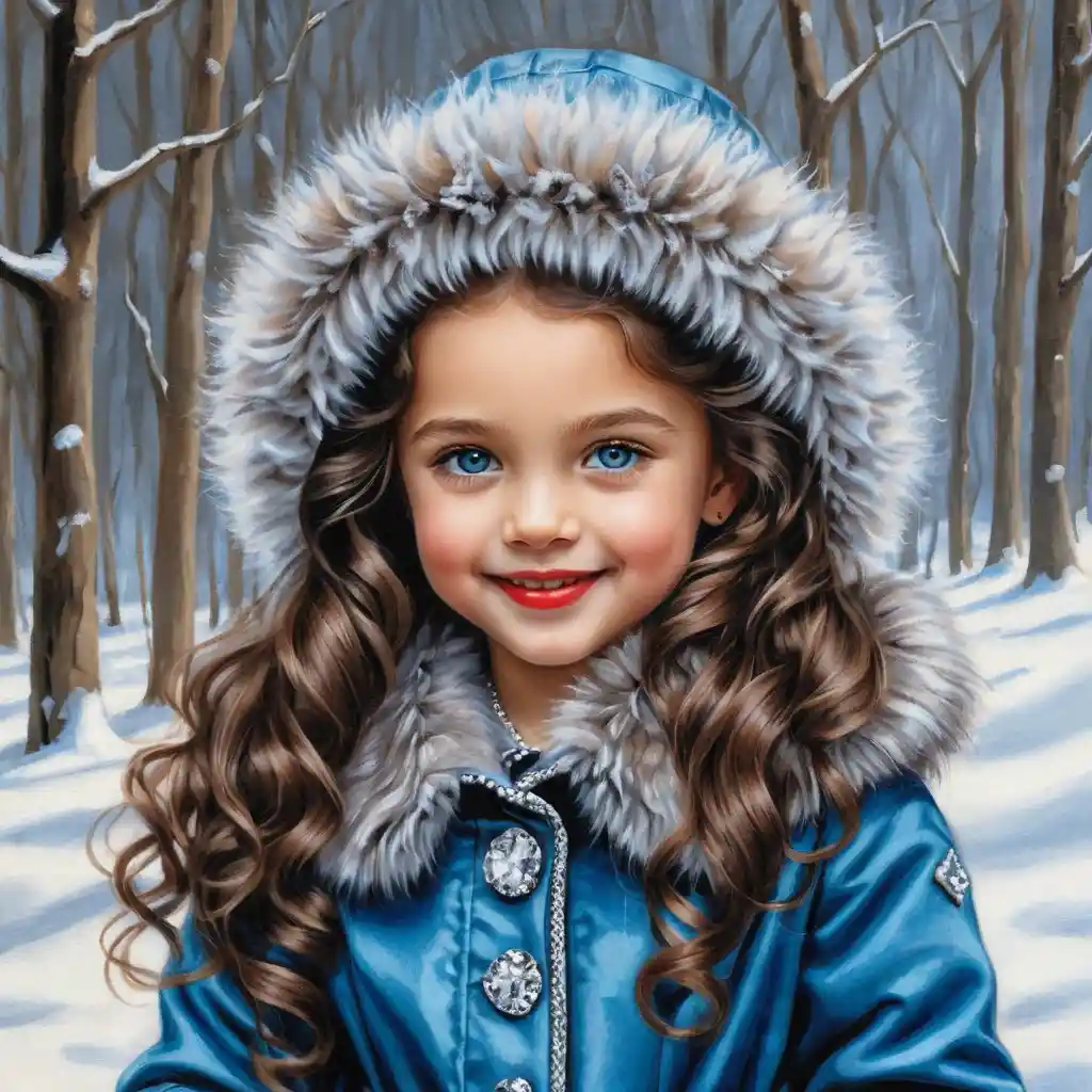Smiling winter girl with puppy in fluffy fur coat