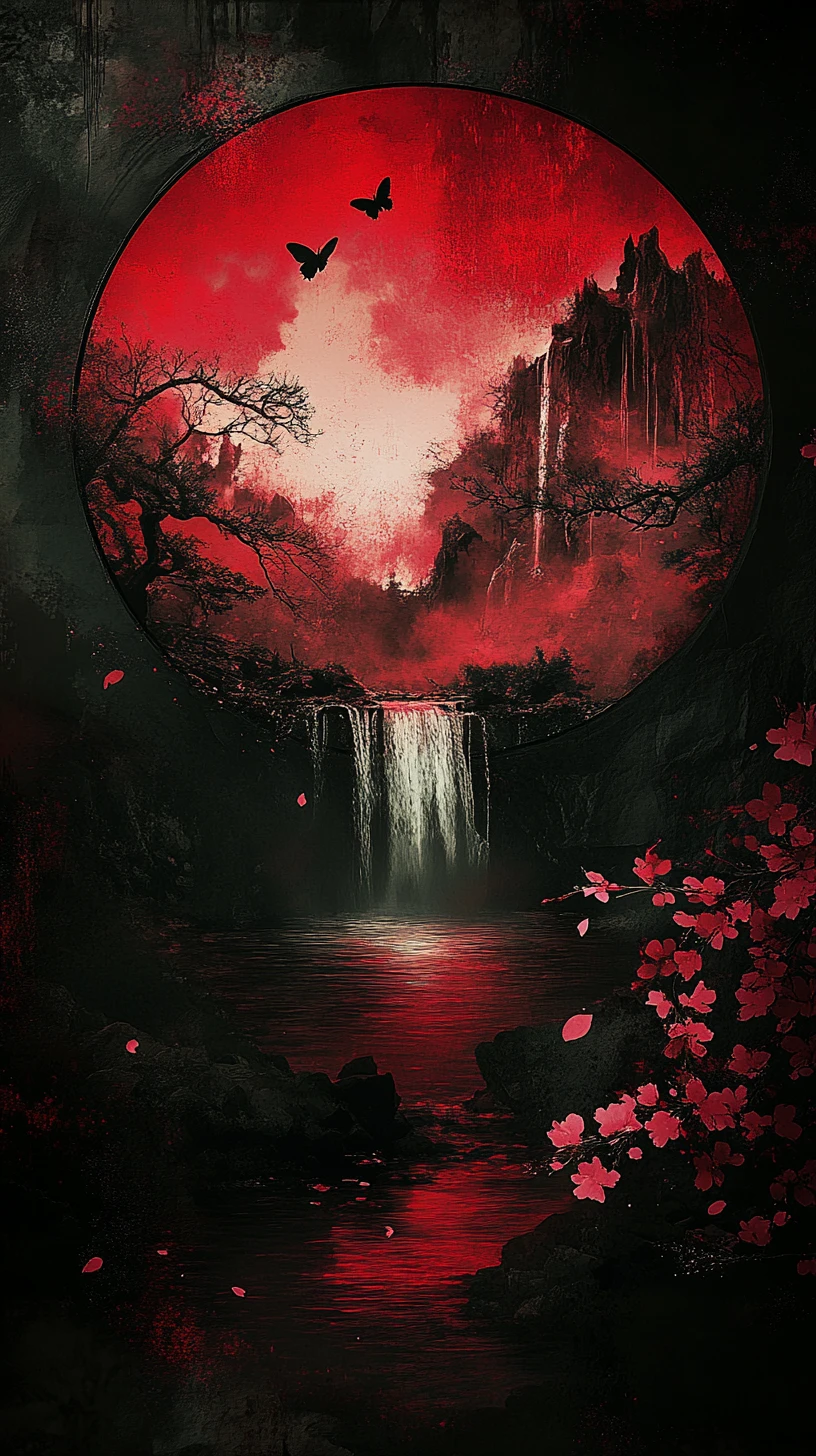 Dark Fantasy Landscape Within Circular Ink Brush Frame