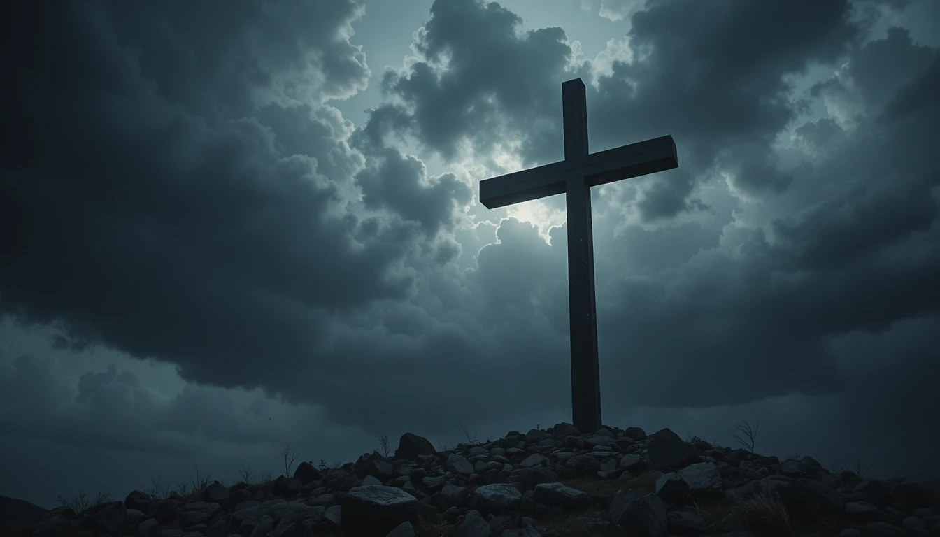 Cruz solitária sob um céu escuro e tempestuoso com luz se esvaindo