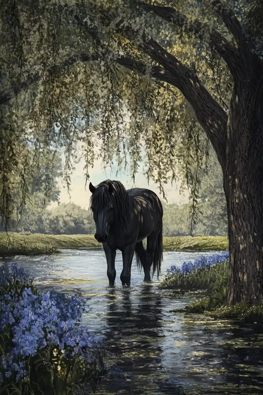 Unicorno che emerge dalle ombre accanto a un fiume illuminato dal sole