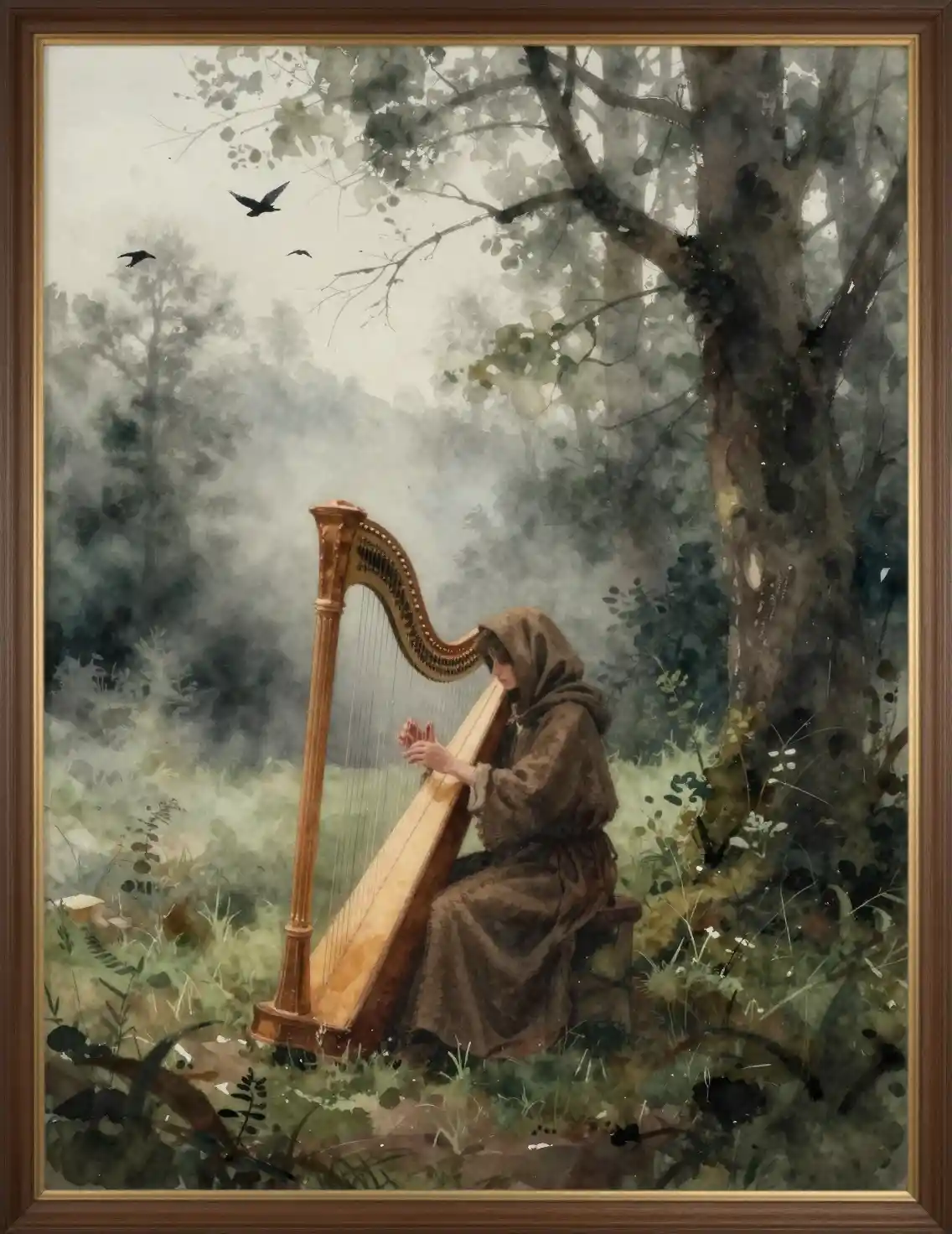 Figura solitária com manto tocando harpa em floresta enevoada