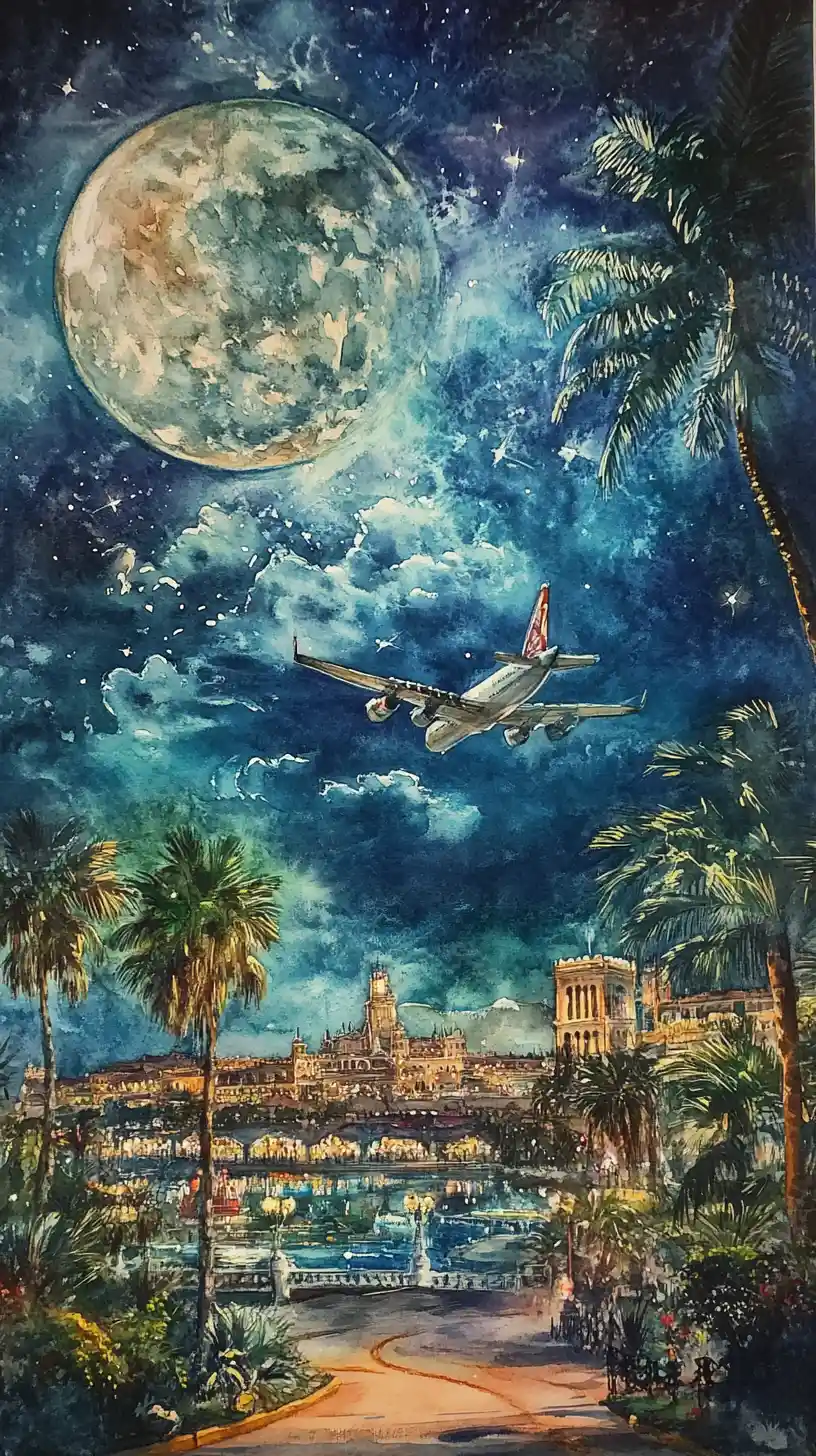 Aquarell-Nachtansicht der Außenansicht des Flughafens Palma de Mallorca