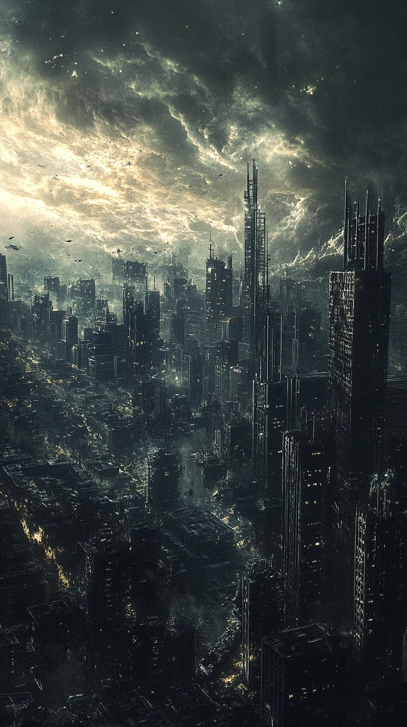 Paesaggio urbano distopico con grattacieli fatiscenti sotto cieli minacciosi