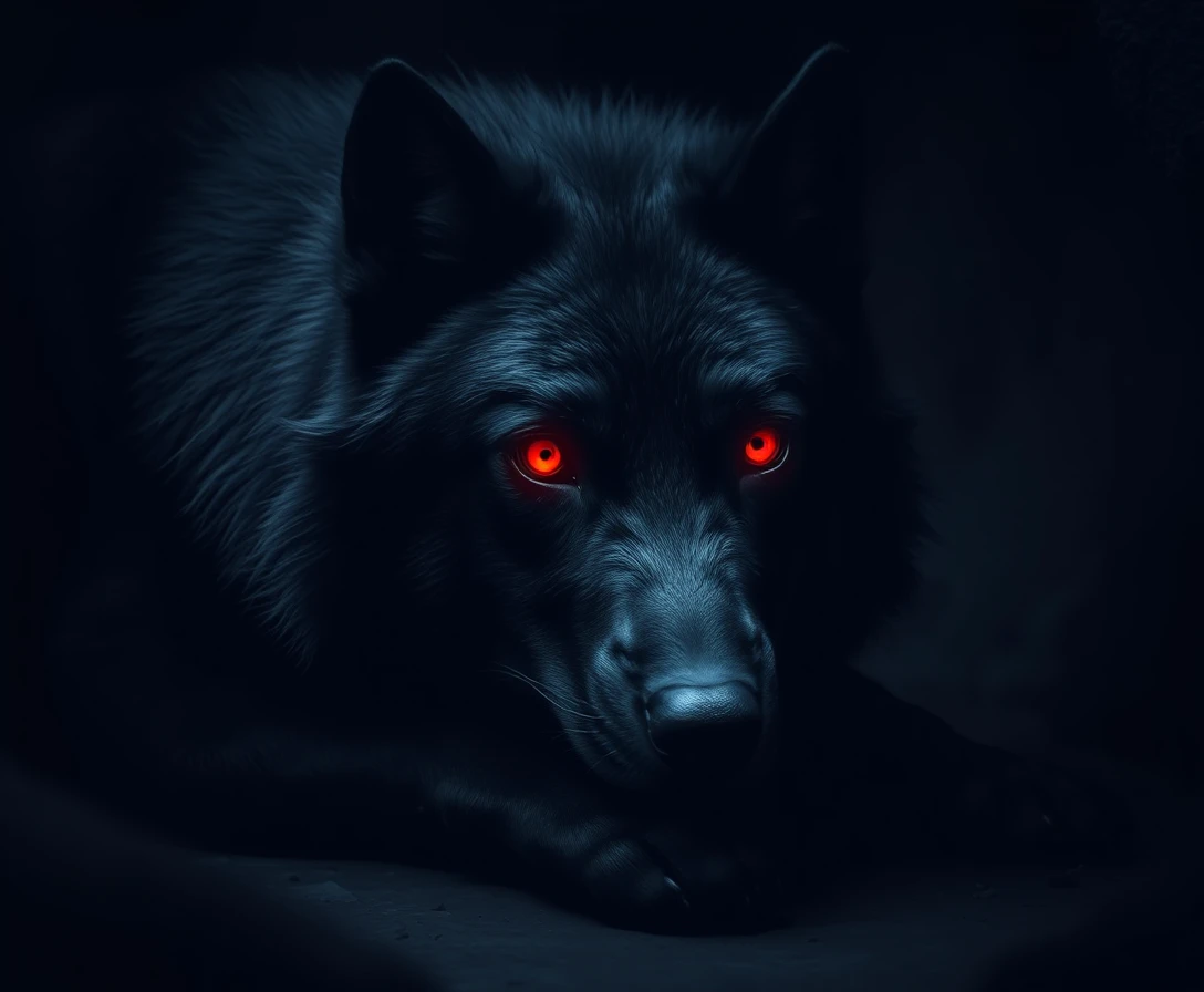 Lobo negro gigante com olhos vermelhos brilhantes em caverna escura